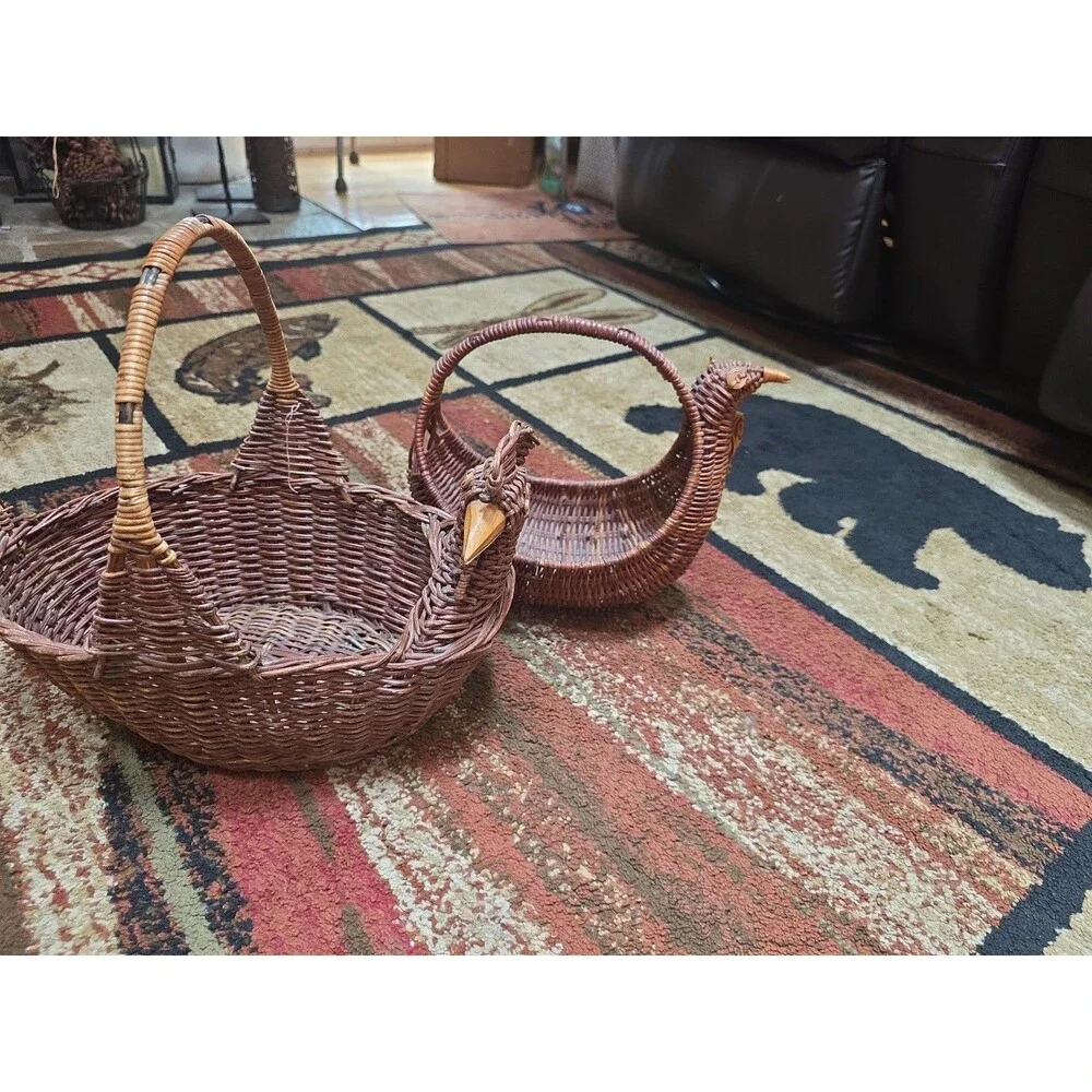 2 Rattan Wicker Baskets Chicken Rooster- Cottage Core Charm Farm House